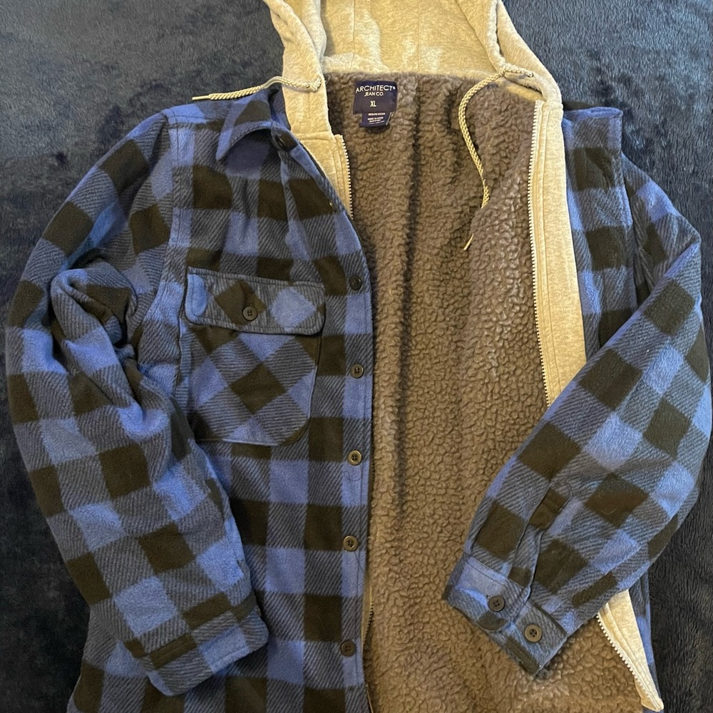 Architect Jean Co Blue and Black Plaid Jacket with fleece Lining XL (bin C)